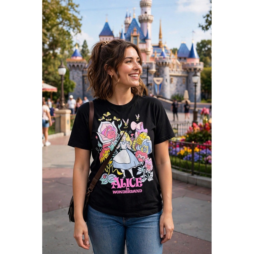 Disney Alice in Wonderland Floral Graphic T-Shirt Black Women's XL Fantasyland